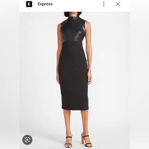 Faux Leather Two Tone Mock Neck Express Dress